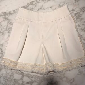 Oscar de la Renta White Shorts with cream and white eyelash fringe trim